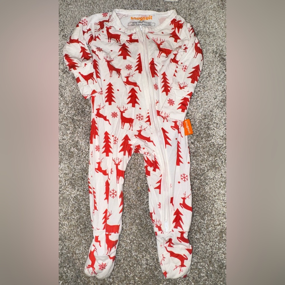 Red Reindeer Print Zip-Front Footed One-Piece for Kids